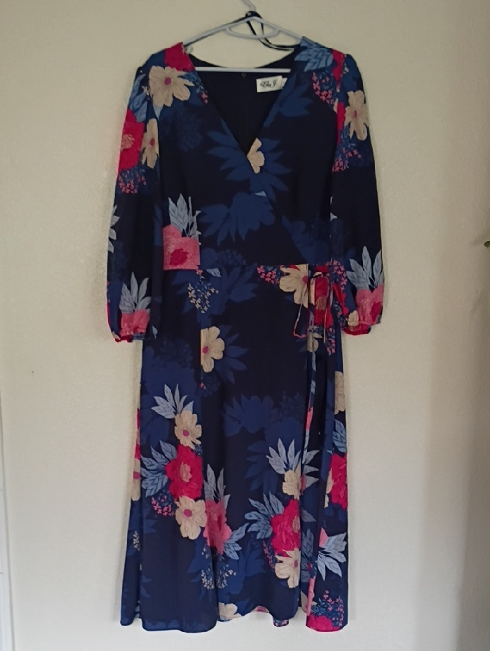 Eliza J Navy Floral Wrap Midi Dress with Pink & Cream Blooms